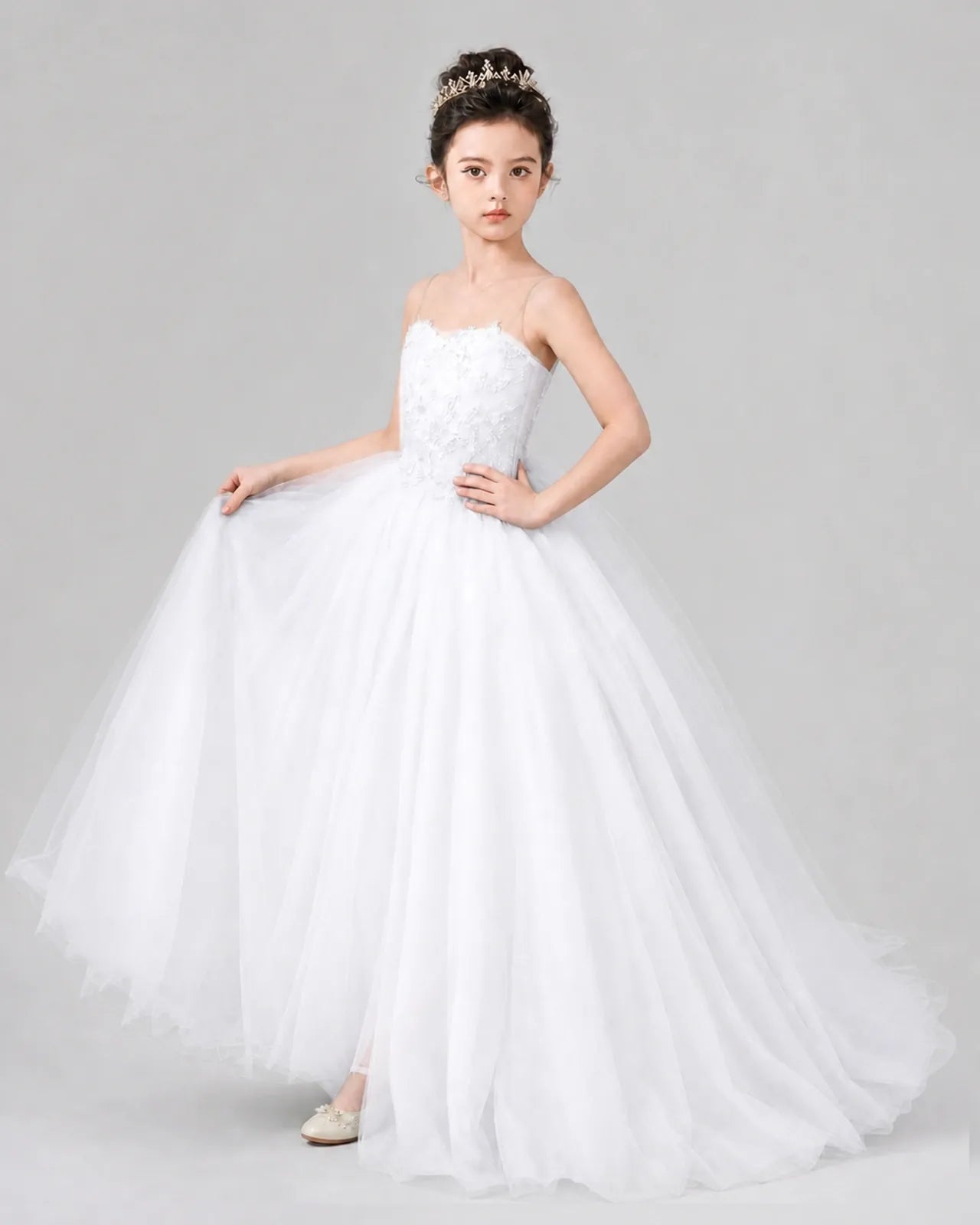 White Tulle Ball Gown Pageant Dress Side View