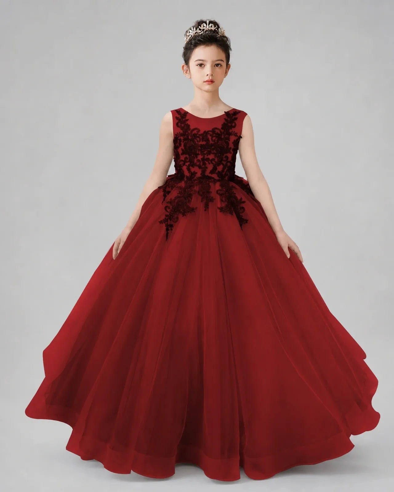 Burgundy Lace Ball Gown Pageant Dress Front View
