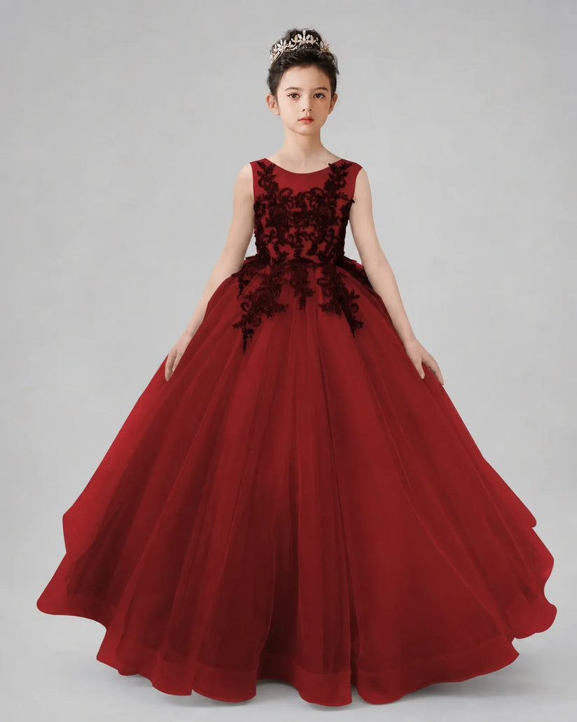 Burgundy Lace Ball Gown Pageant Dress Front View