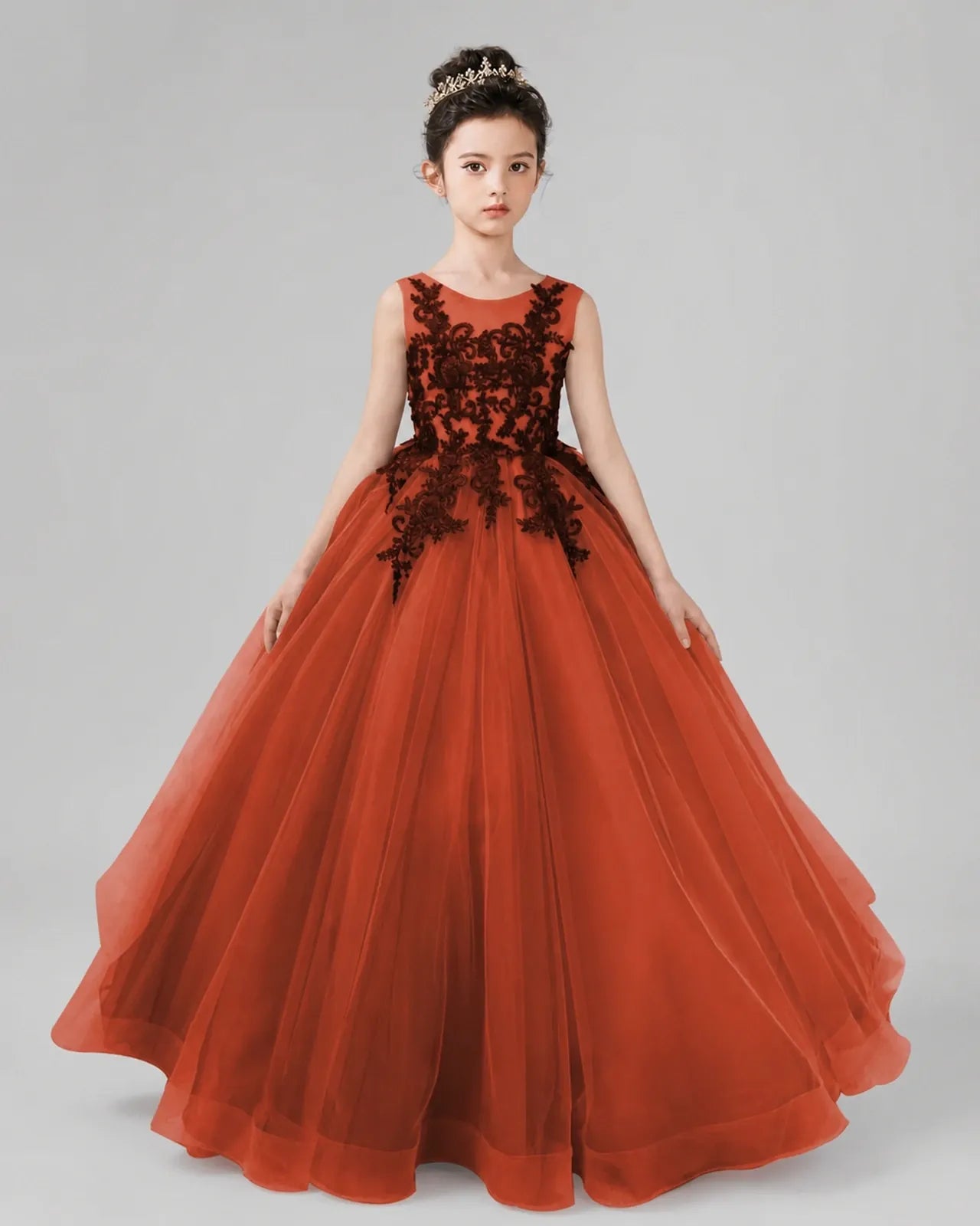 Burnt Orange Lace Ball Gown Pageant Dress Front View