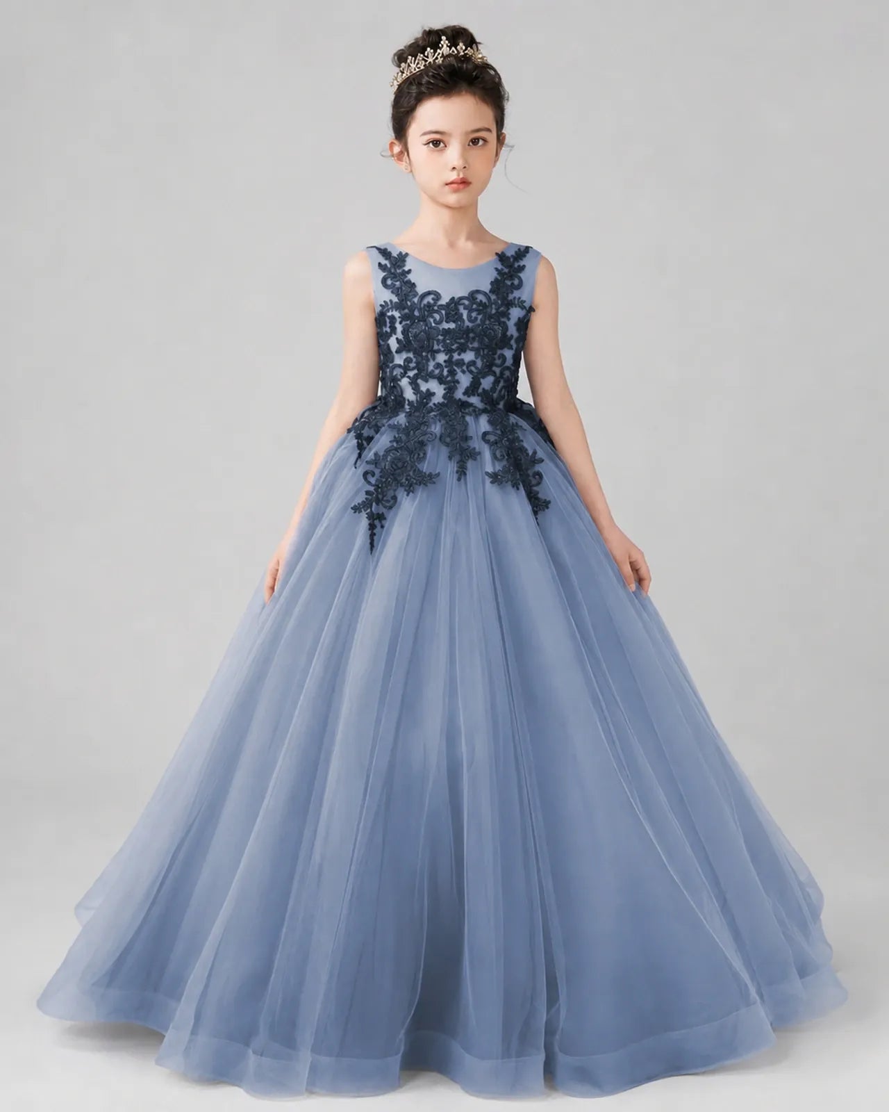 Dusty Blue Lace Ball Gown Pageant Dress Front View