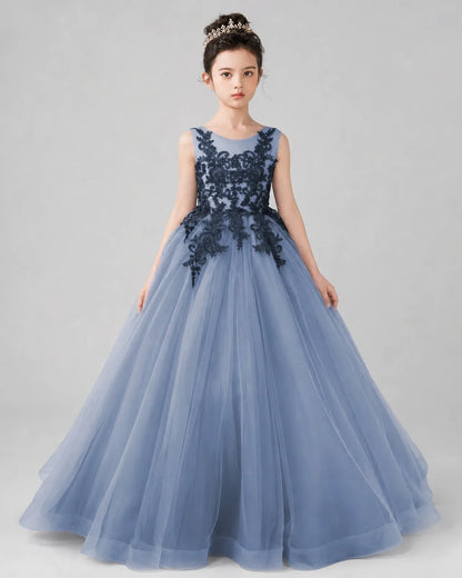 Dusty Blue Lace Ball Gown Pageant Dress Front View