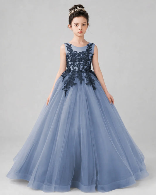 Dusty Blue Lace Ball Gown Pageant Dress Front View