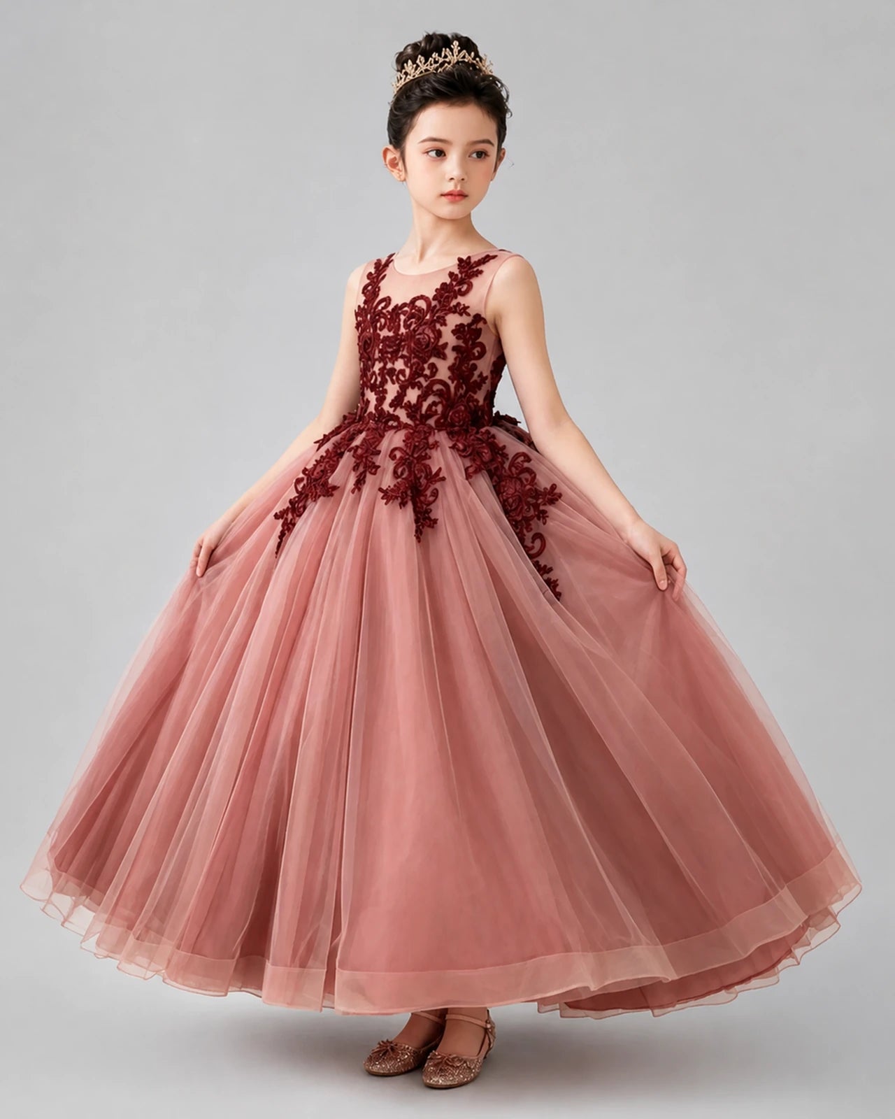 Dideyttawl Pageant Dress with Floral Lace Appliques and Voluminous Tulle Skirt