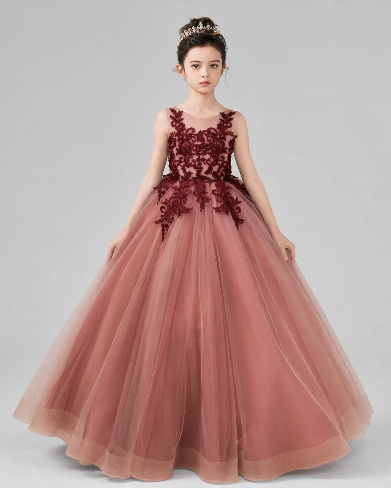 Dusty Rose Lace Ball Gown Pageant Dress Front View