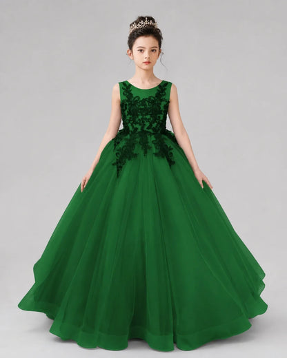Emerald Green Lace Ball Gown Pageant Dress Front View