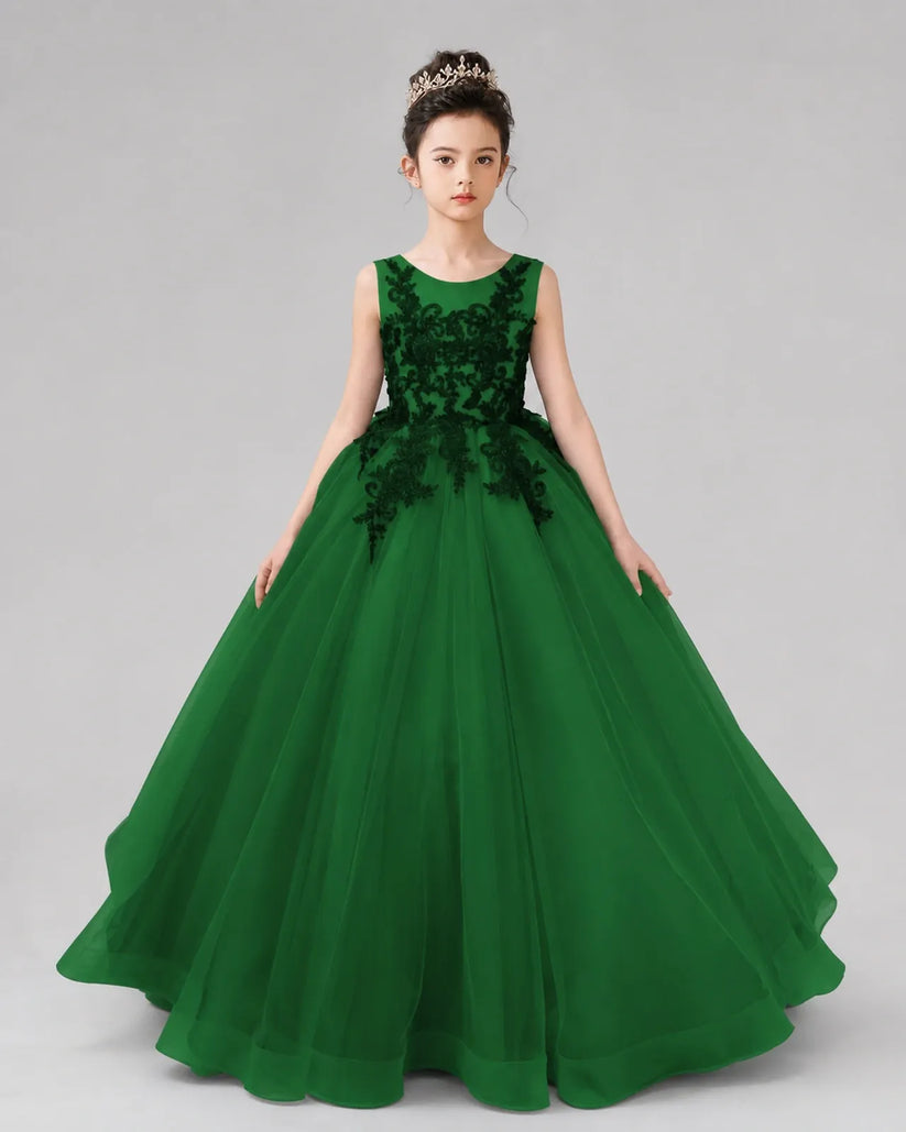 Emerald Green Lace Ball Gown Pageant Dress Front View