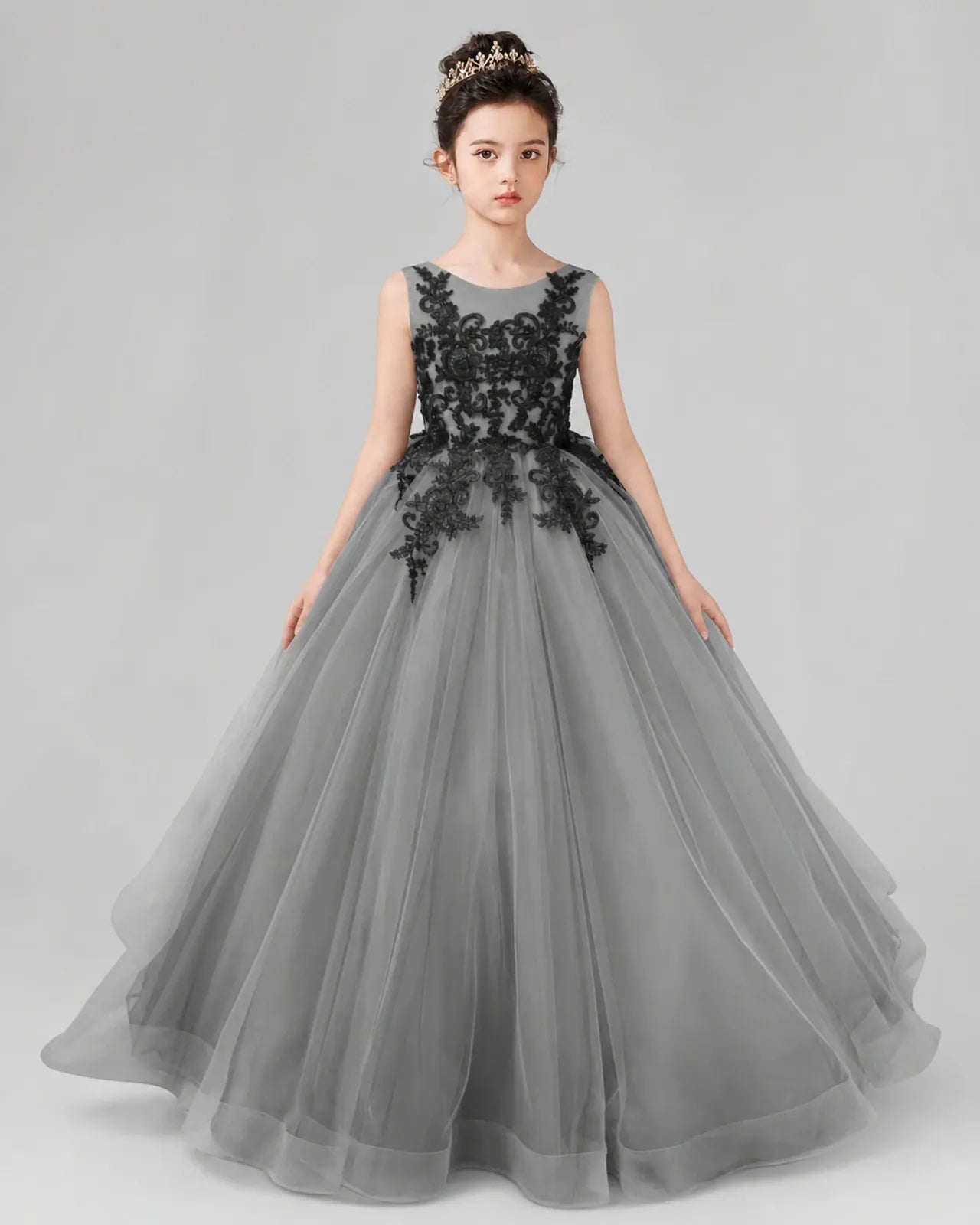 Grey Lace Tulle Ball Gown Pageant Dress Front View