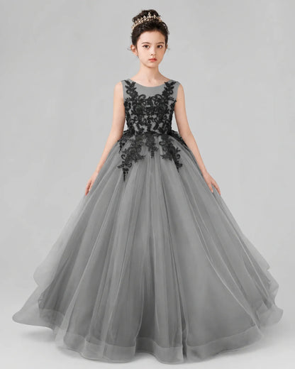 Grey Lace Tulle Ball Gown Pageant Dress Front View