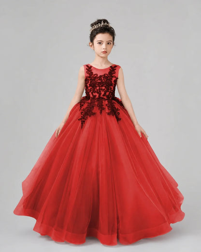 Red Lace Ball Gown Pageant Dress Front View