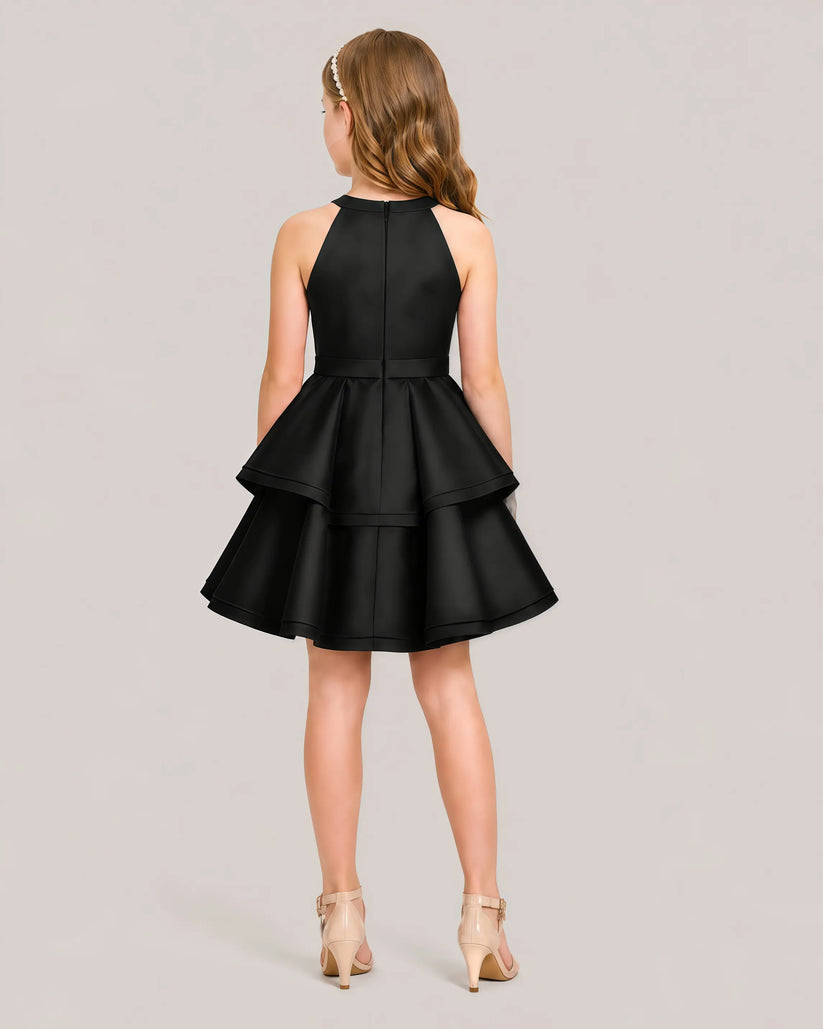 Black Satin A-line Girls Formal Dress Back View