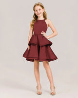 Burgundy Satin A-line Girls Formal Dress Front View
