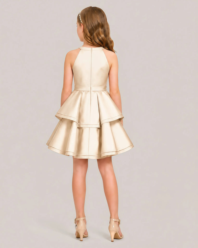 Champagne Satin A-line Girls Formal Dress Back View