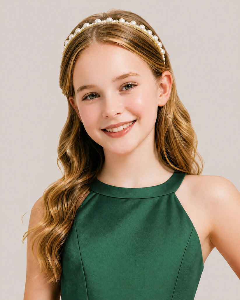 Dark Green Satin A-line Girls Formal Dress Front View