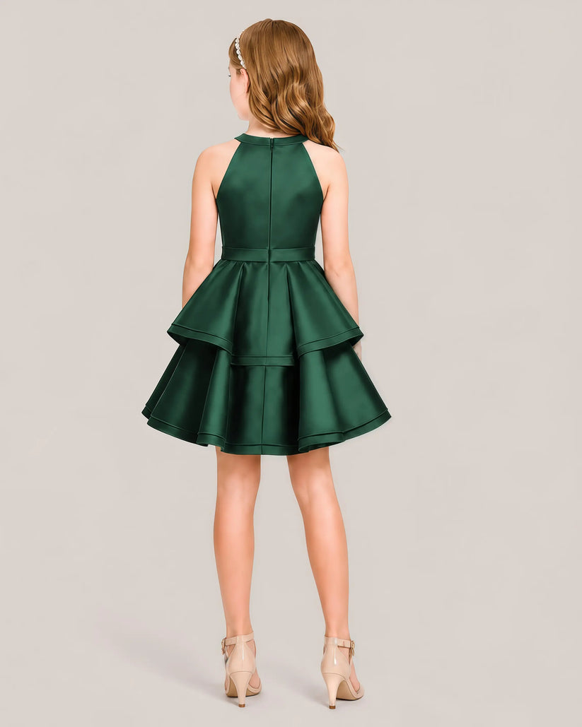 Dark Green Satin A-line Girls Formal Dress Back View