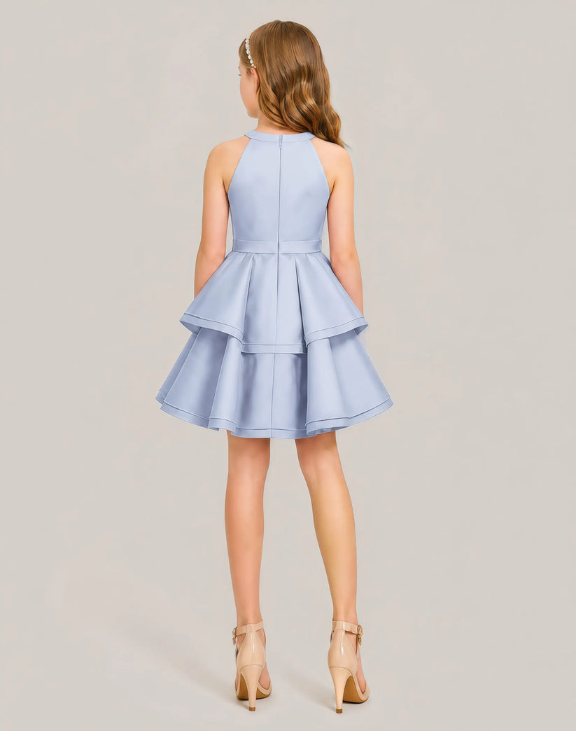 Dusty Blue Satin A-line Girls Formal Dress Back View