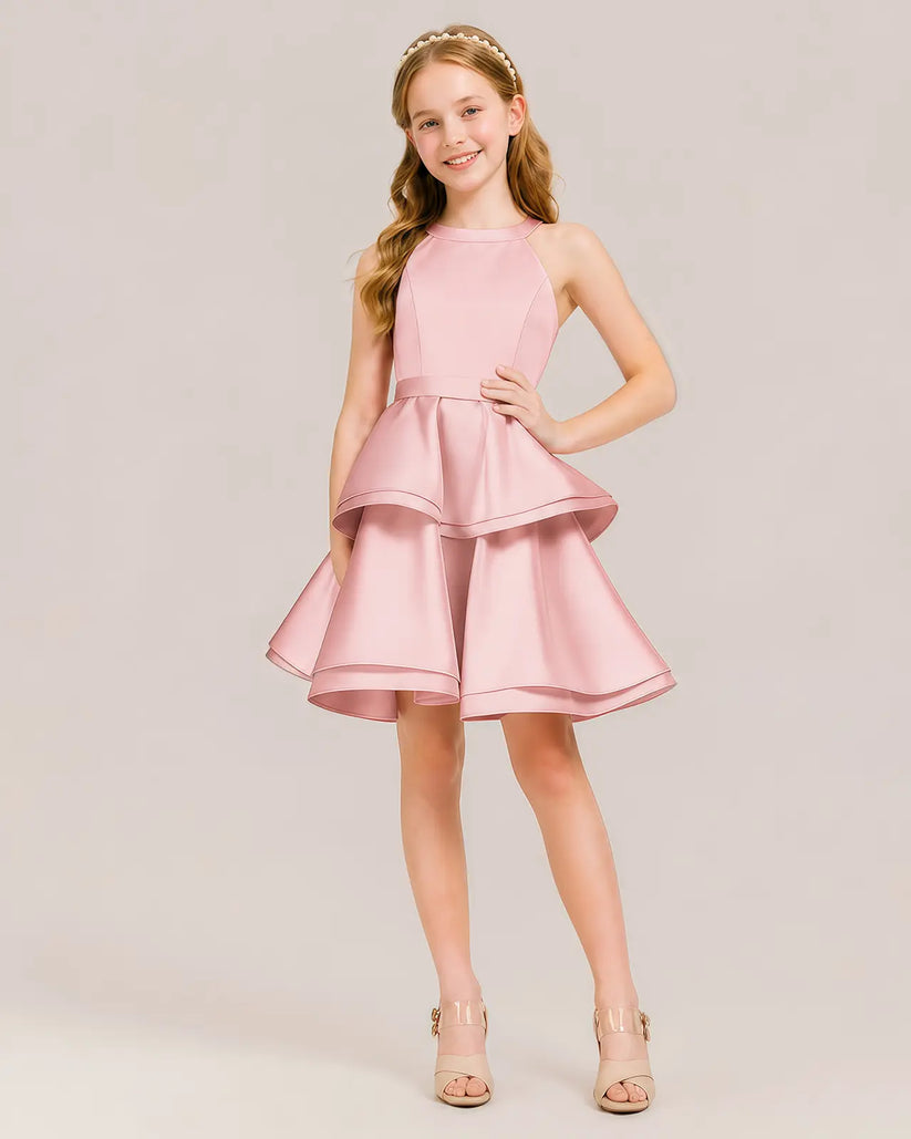 Dusty Rose Satin A-line Girls Formal Dress Front View