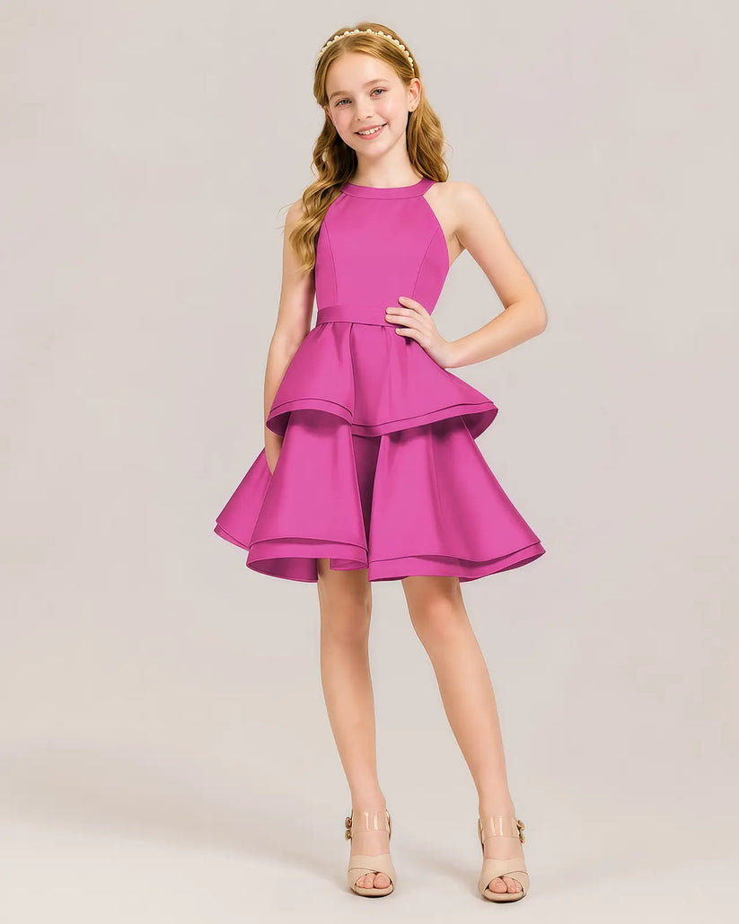 Hot Pink Satin A-line Girls Formal Dress Front View