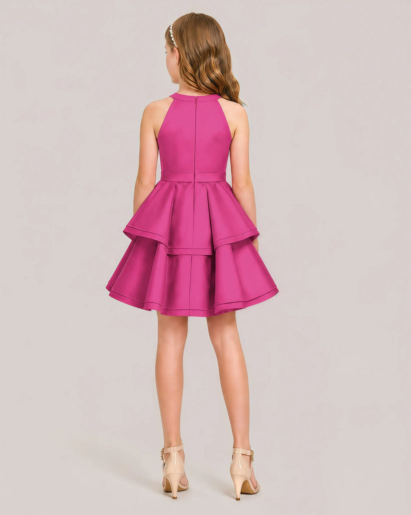 Hot Pink Satin A-line Girls Formal Dress Back View