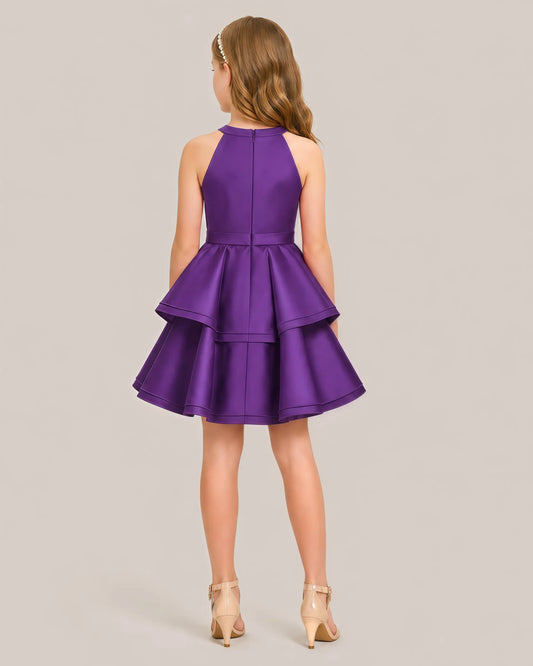 Purple Satin A-line Girls Formal Dress Back View