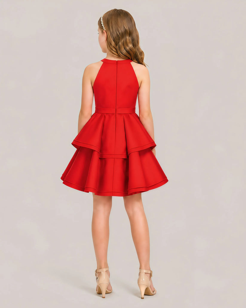 Red Satin A-line Girls Formal Dress Back View
