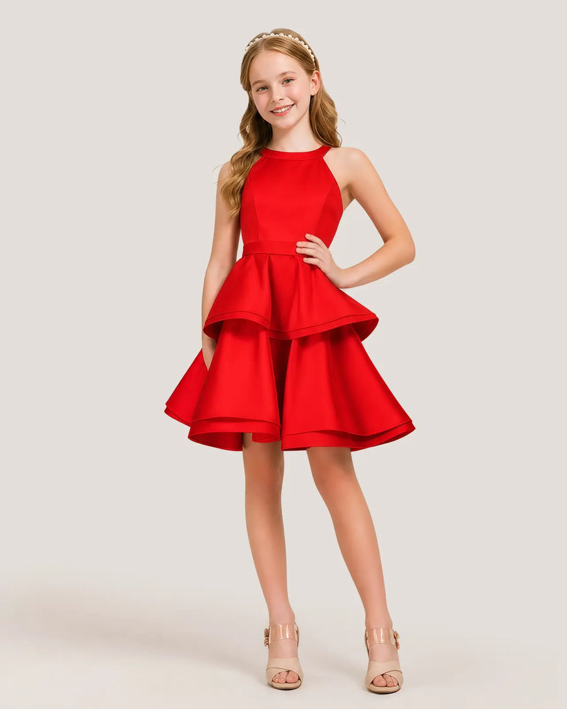Red Satin A-line Girls Formal Dress Front View