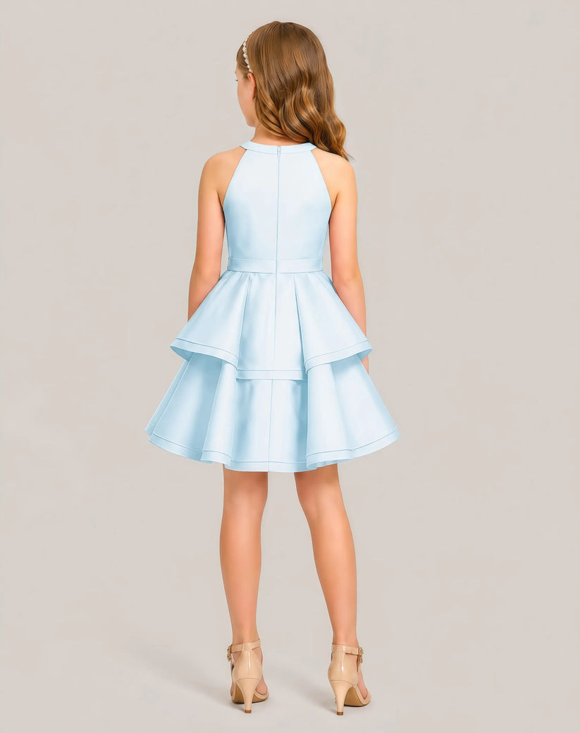 Baby Blue Satin A-line Girls Formal Dress Back View