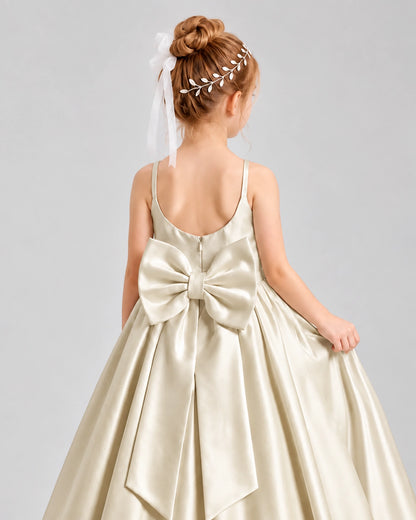 Dideyttawl Flower Girl Dress with Spaghetti Straps and Statement Back Bow
