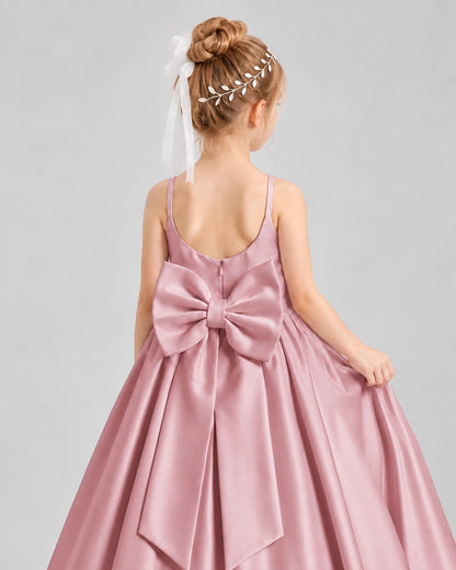 Dideyttawl Flower Girl Dress with Spaghetti Straps and Statement Back Bow