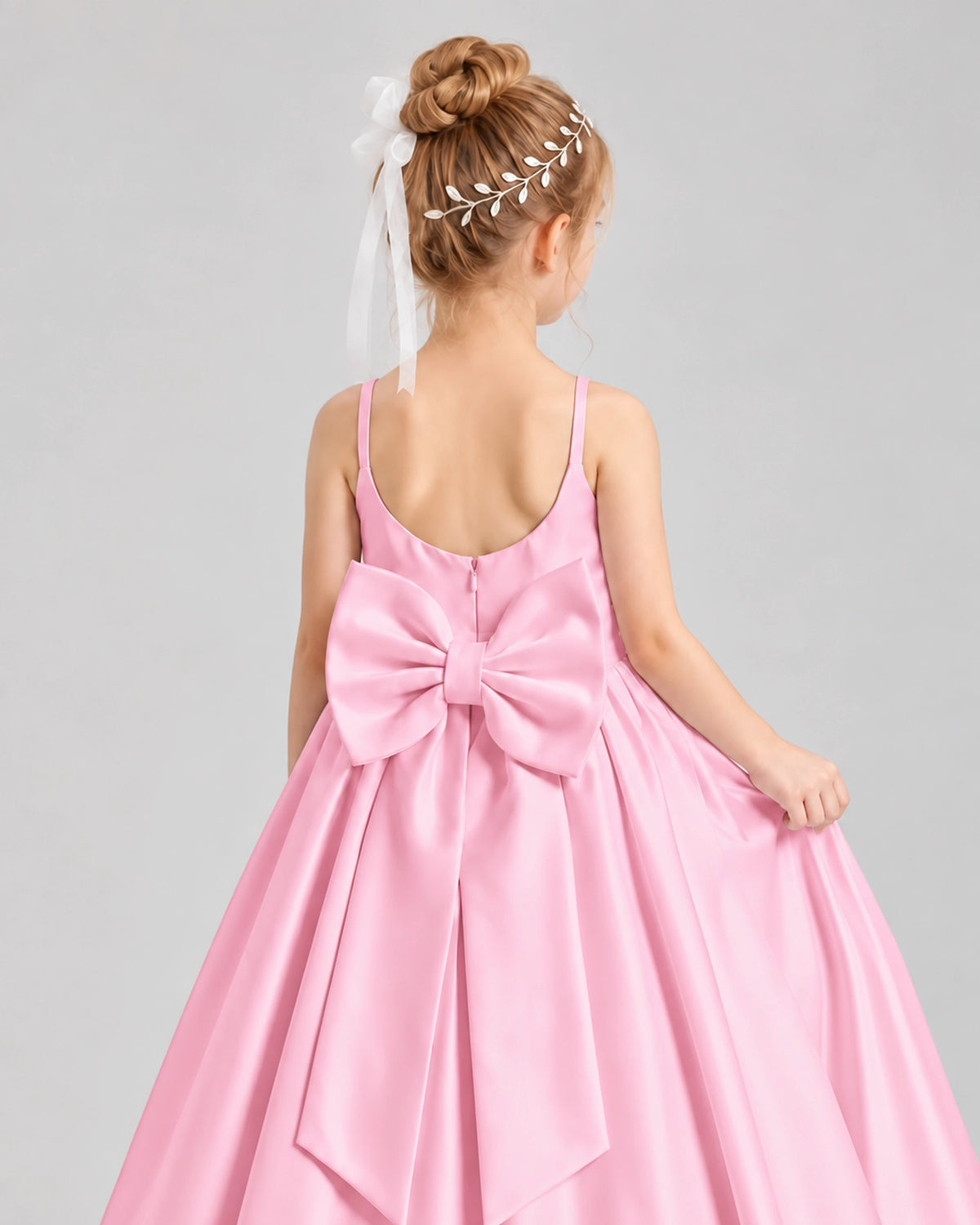 Dideyttawl Flower Girl Dress with Spaghetti Straps and Statement Back Bow