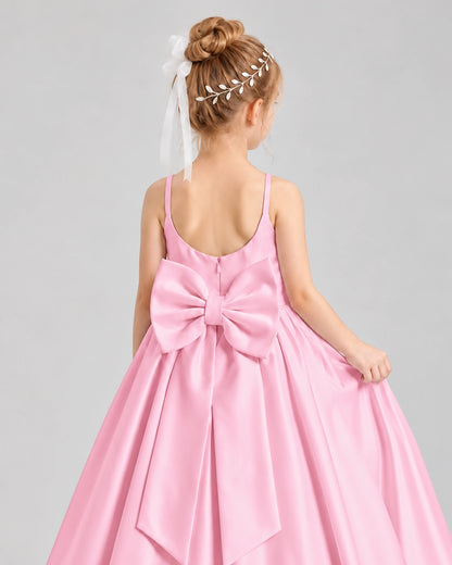 Dideyttawl Flower Girl Dress with Spaghetti Straps and Statement Back Bow