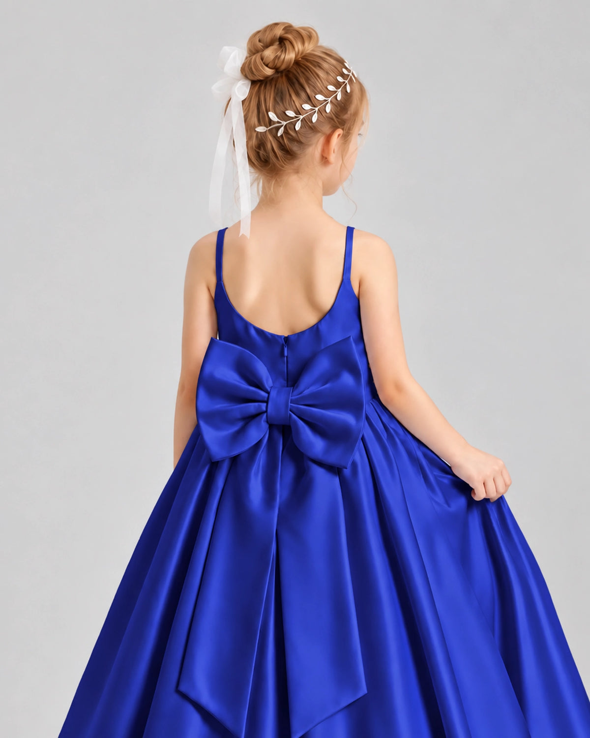 Dideyttawl Flower Girl Dress with Spaghetti Straps and Statement Back Bow