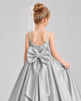 Silver Satin Flower Girl Dress Back Detail