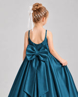 Teal Satin Flower Girl Dress Back Detail