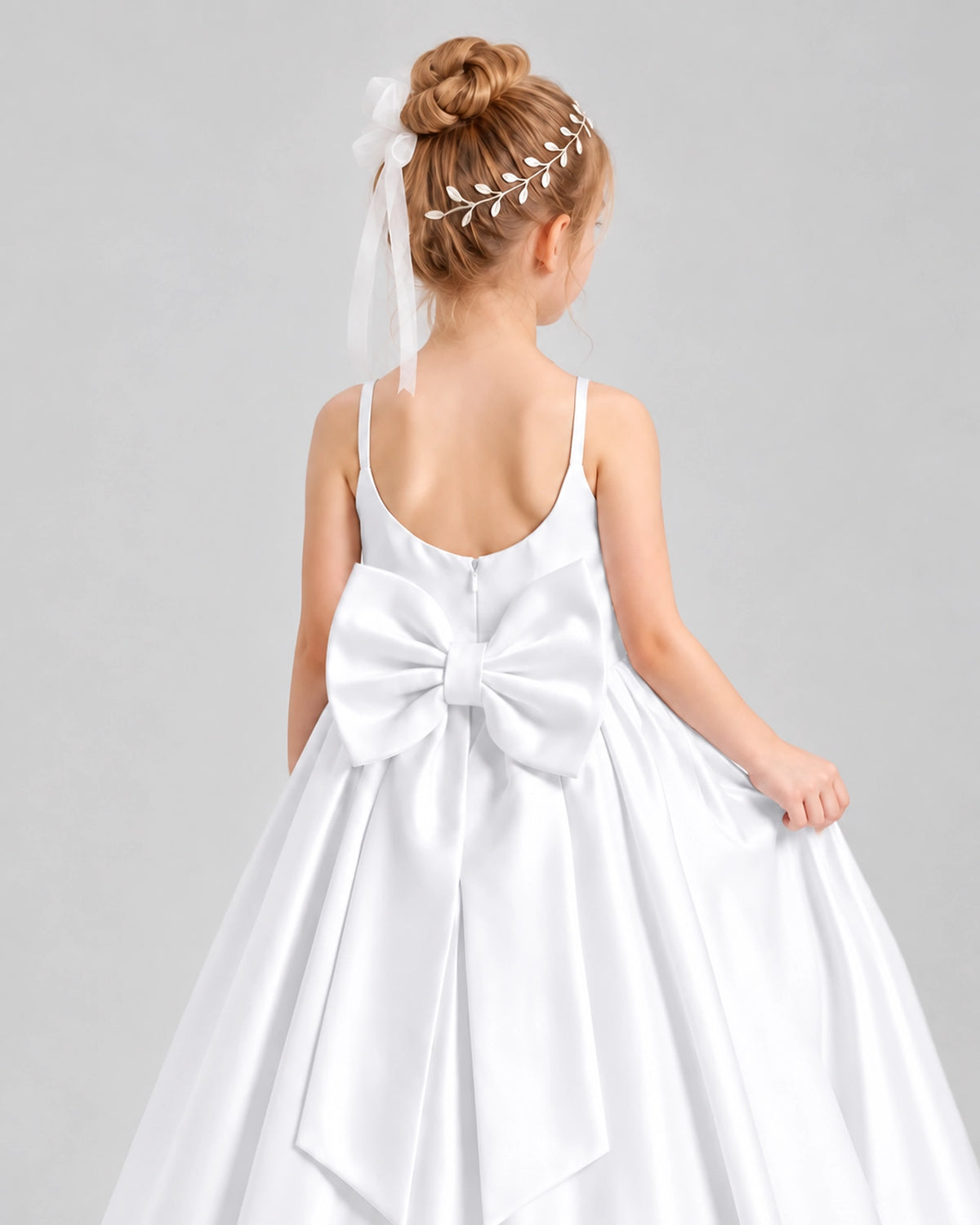 Dideyttawl Flower Girl Dress with Spaghetti Straps and Statement Back Bow