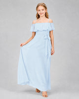 Baby blue chiffon cold-shoulder junior bridesmaid dress, Front View