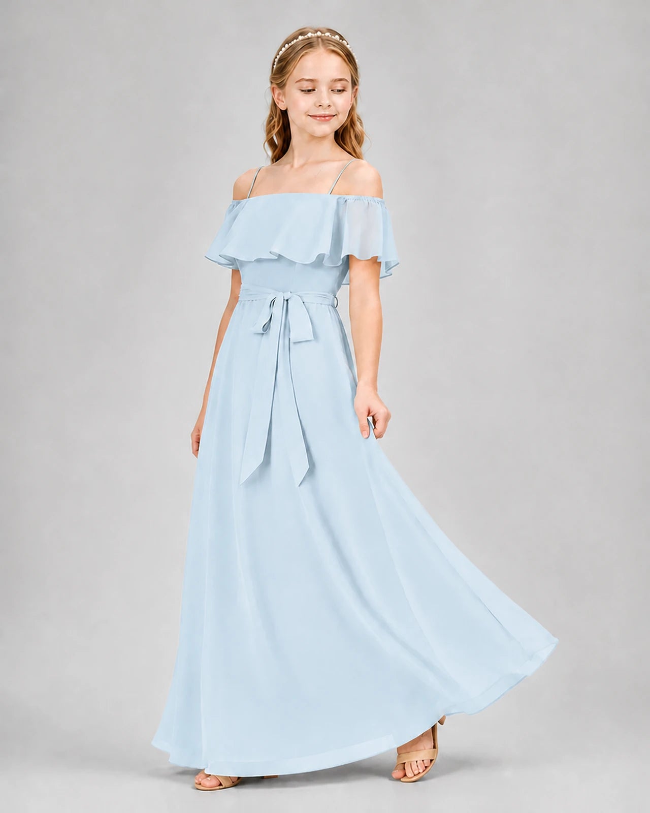 Baby Blue Chiffon Off-the-Shoulder Junior Bridesmaid Dresses
