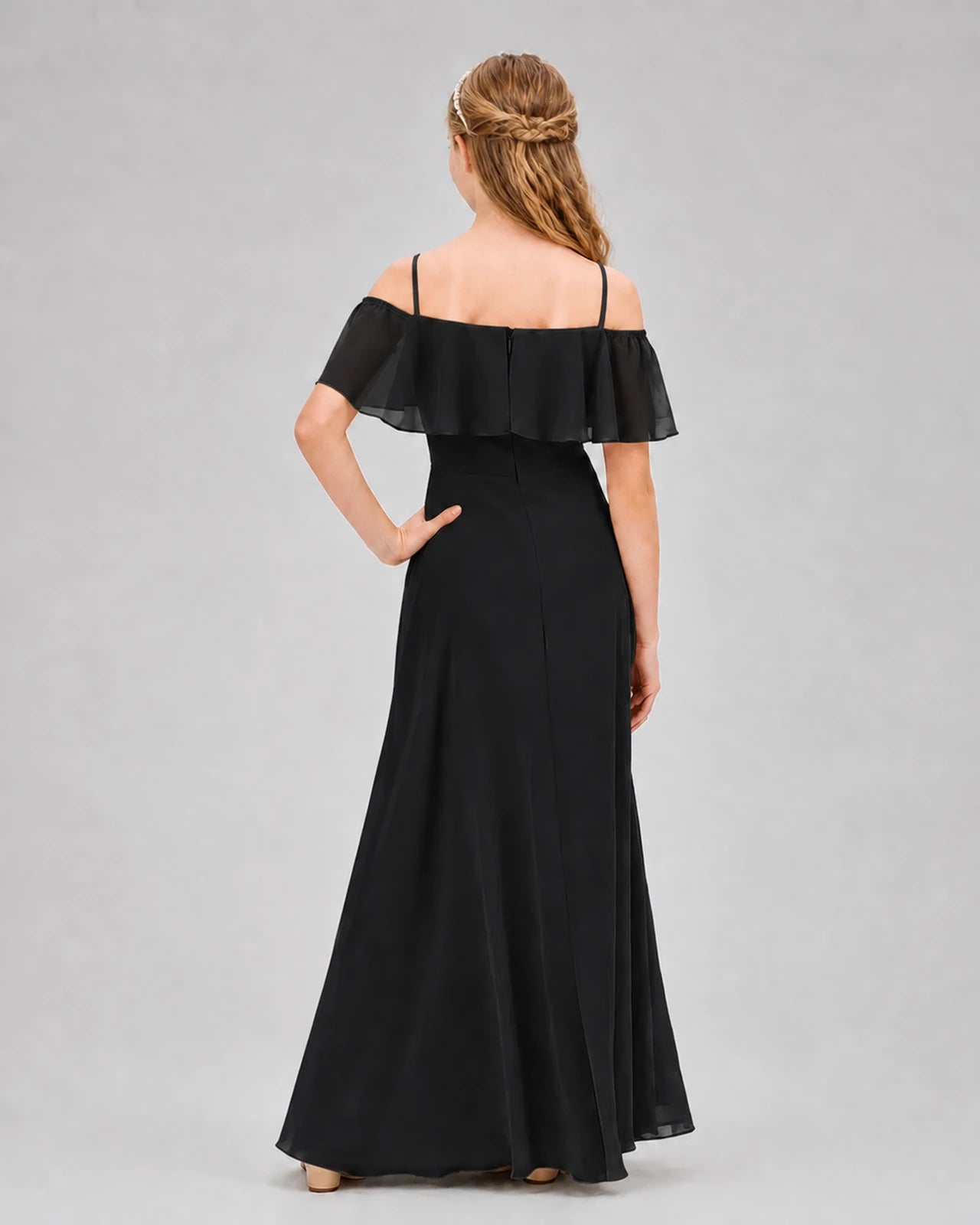 Black Chiffon Off-the-Shoulder Junior Bridesmaid Dresses Back View