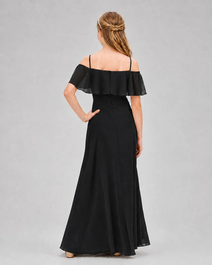Black Chiffon Off-the-Shoulder Junior Bridesmaid Dresses Back View