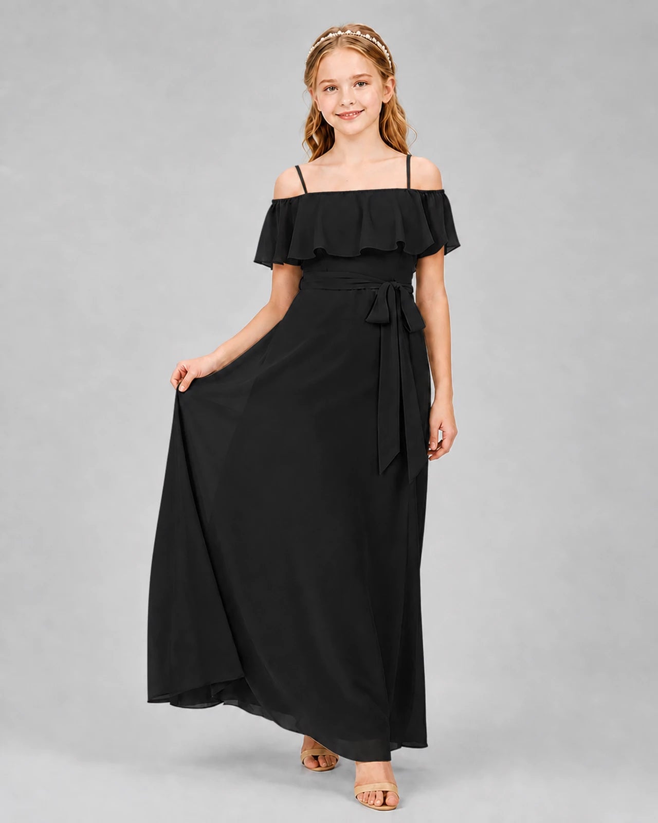 Black Chiffon Off-the-Shoulder Junior Bridesmaid Dresses Front View