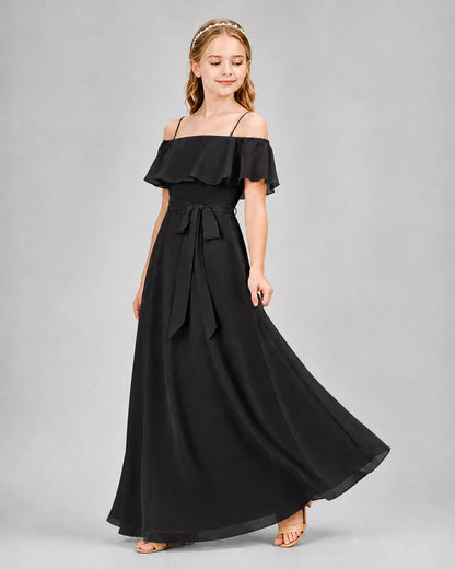 Black Chiffon Off-the-Shoulder Junior Bridesmaid Dresses