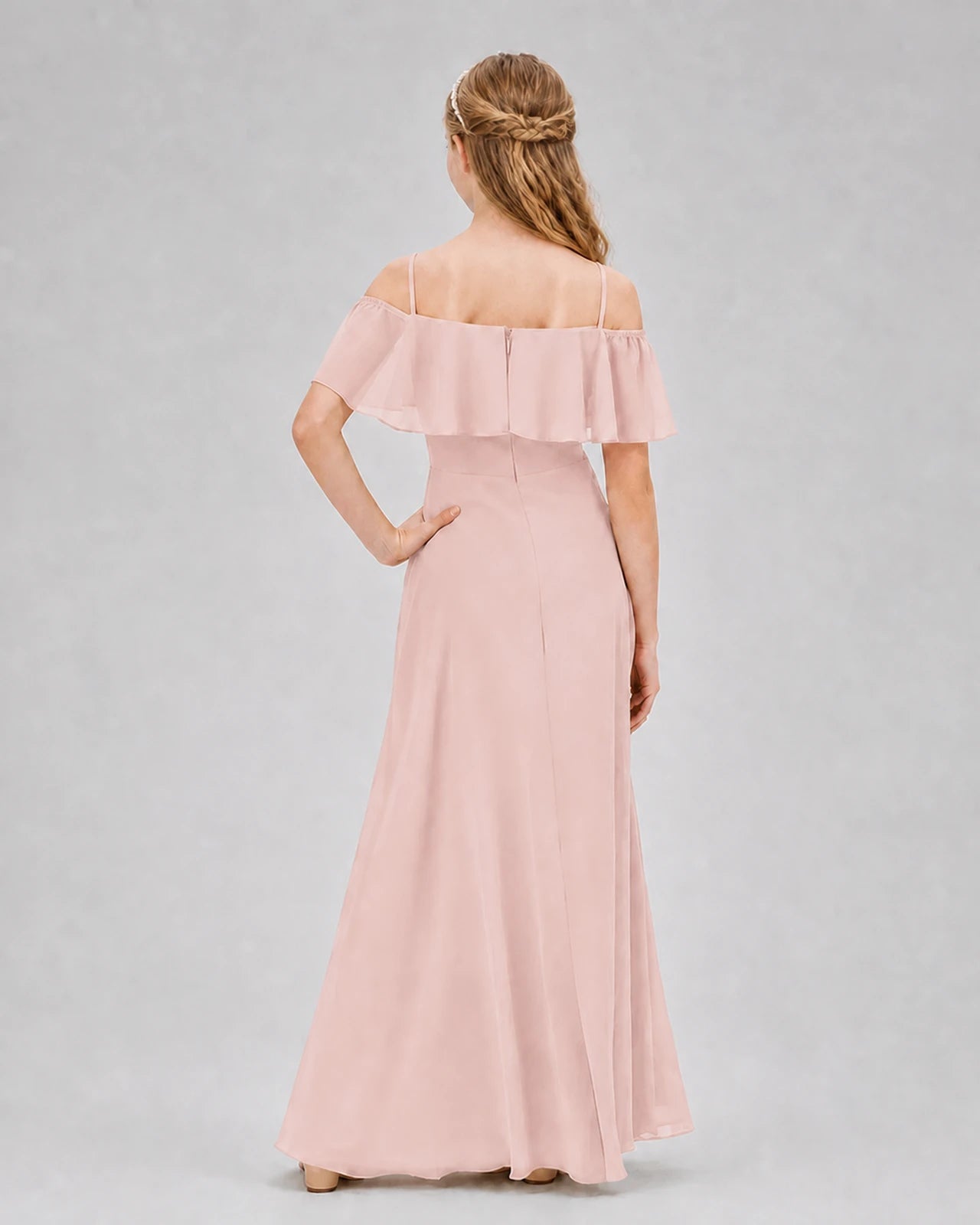 Blush Pink Chiffon Off-the-Shoulder Junior Bridesmaid Dresses Back View