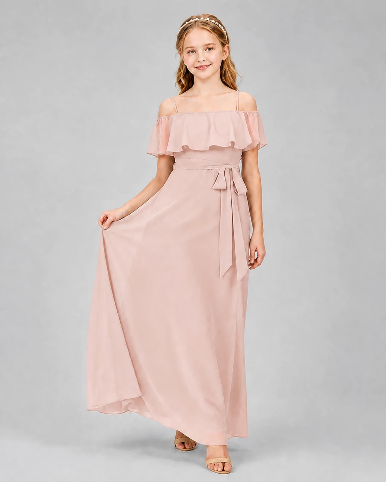 Blush Pink Chiffon Off-The-Shoulder Junior Bridesmaid Dresses Front View