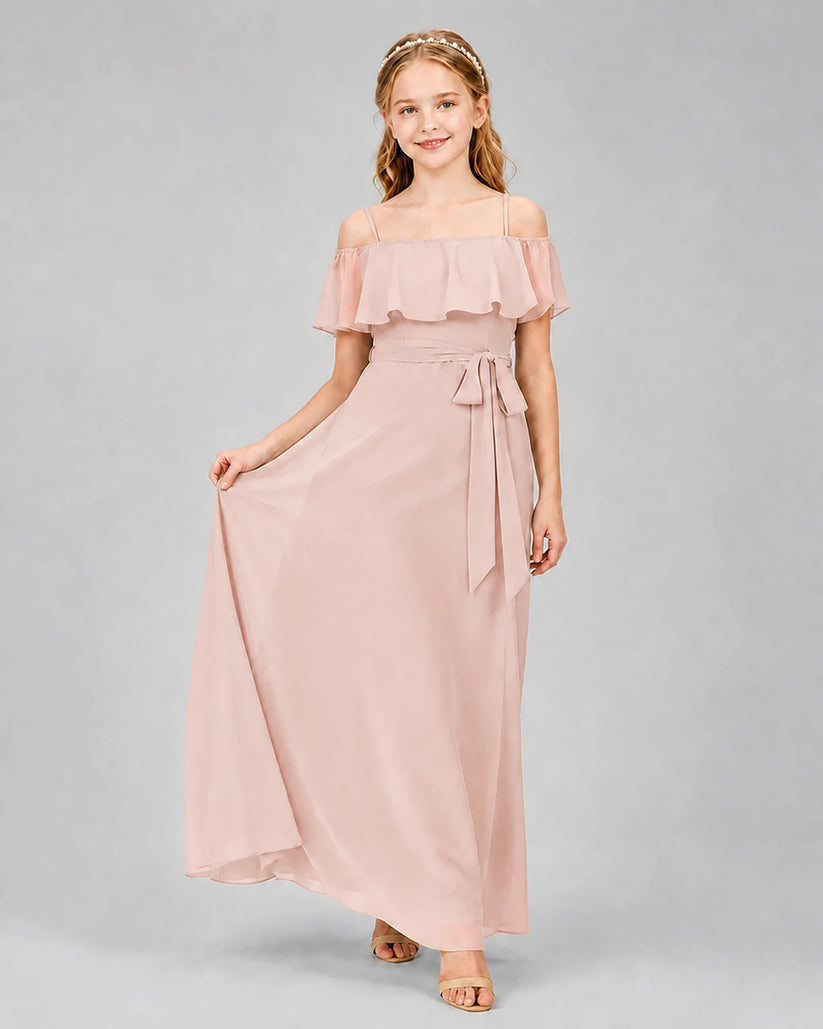 Blush Pink Chiffon Off-The-Shoulder Junior Bridesmaid Dresses Front View