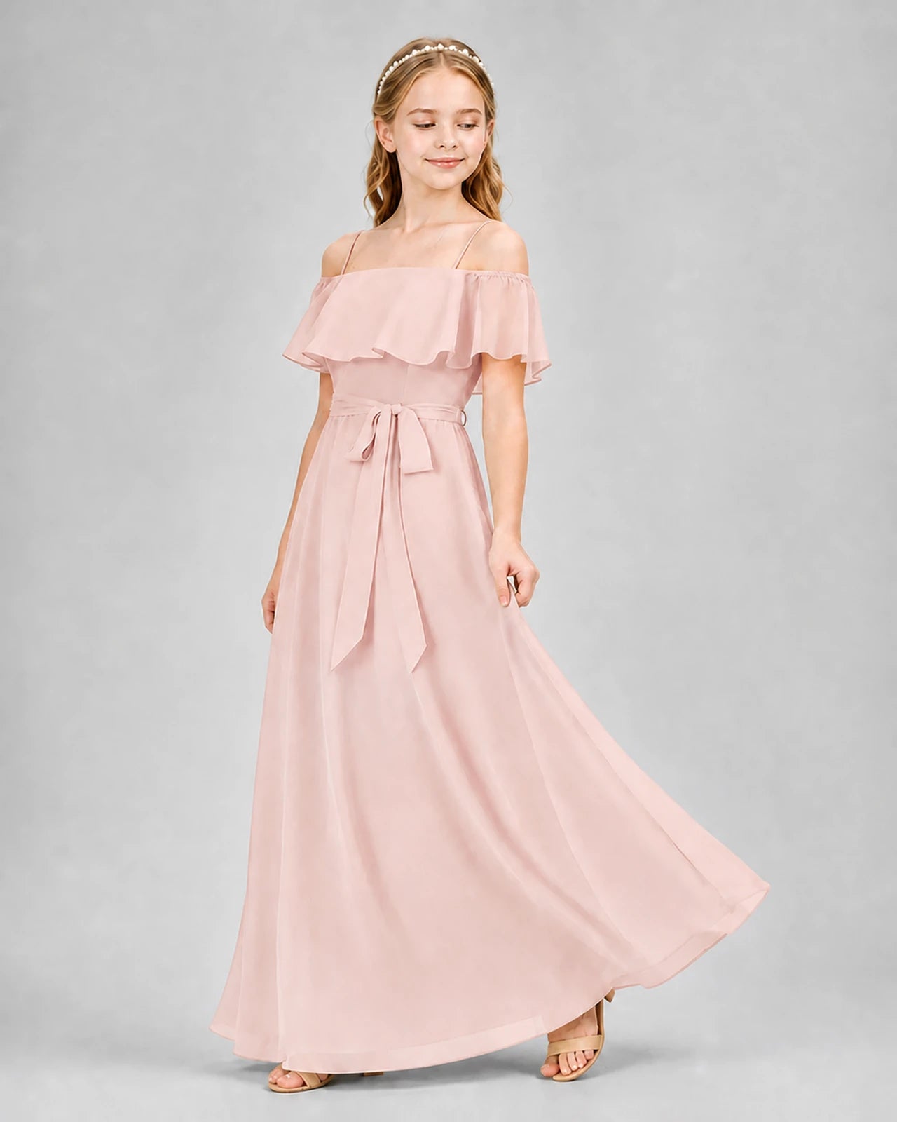 Blush Pink Chiffon Off-The-Shoulder Junior Bridesmaid Dresses