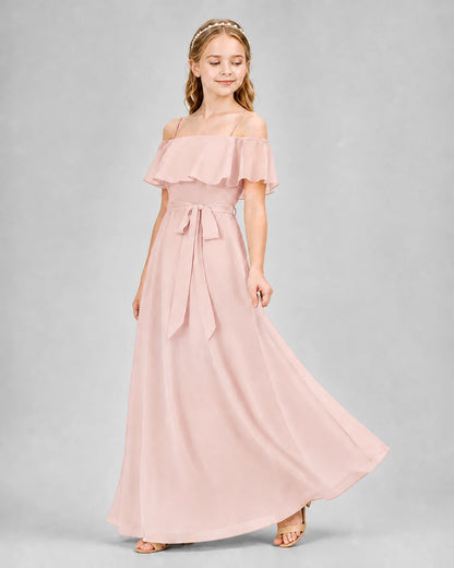 Blush Pink Chiffon Off-The-Shoulder Junior Bridesmaid Dresses