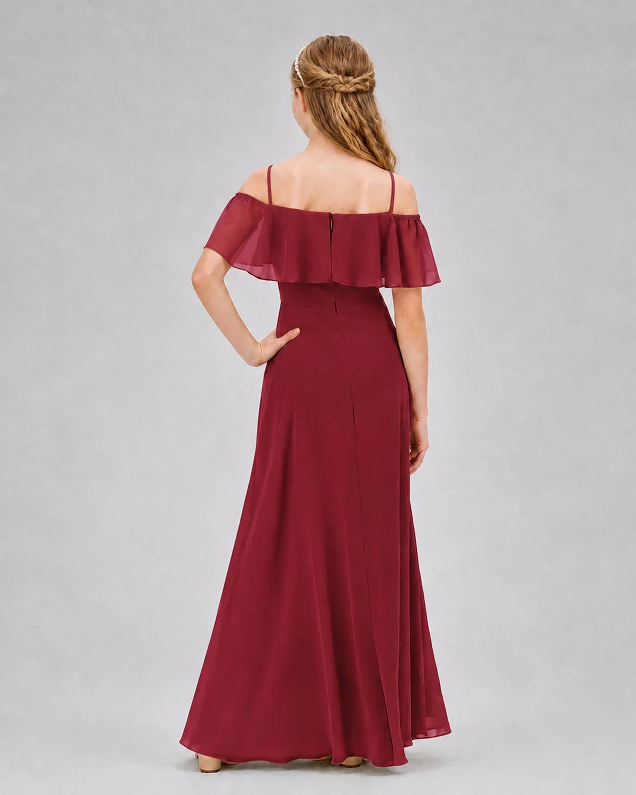 Burgundy Chiffon Ruffled Off-The-Shoulder Junior Bridesmaid Dresses Back View