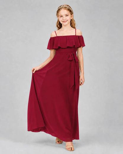 Burgundy Chiffon Off-The-Shoulder Ruffle Junior Bridesmaid Dresses Front View