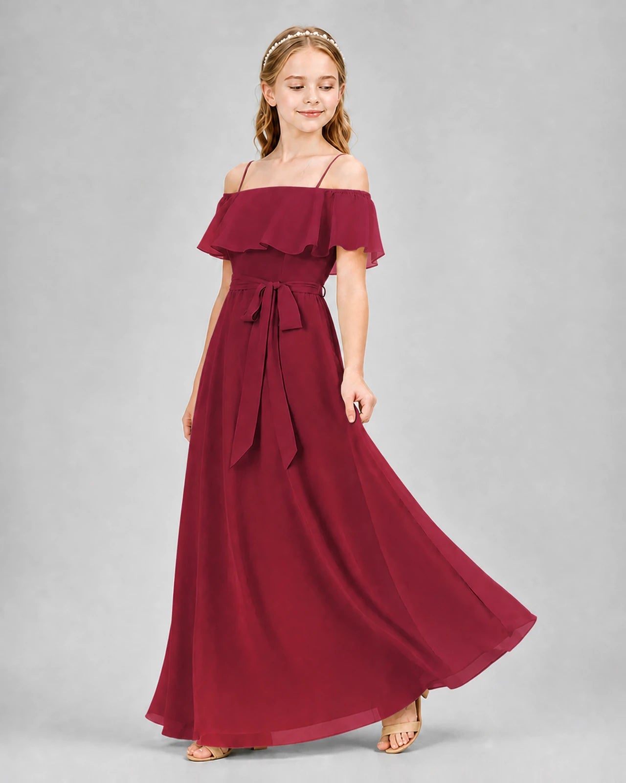 Burgundy Chiffon Off-The-Shoulder Ruffle Junior Bridesmaid Dresses