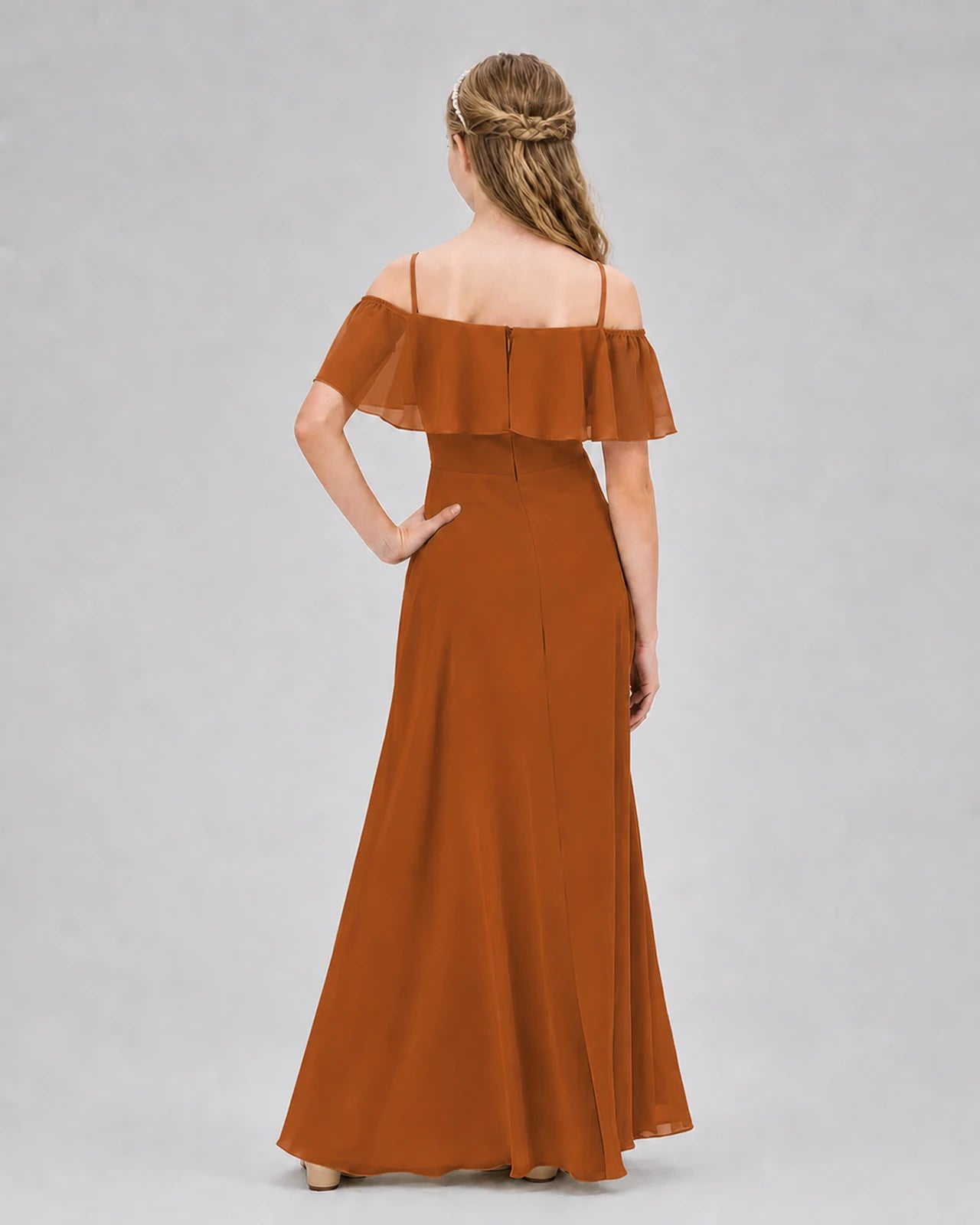 Burnt Orange Chiffon Off-The-Shoulder Junior Bridesmaid Dresses Back View